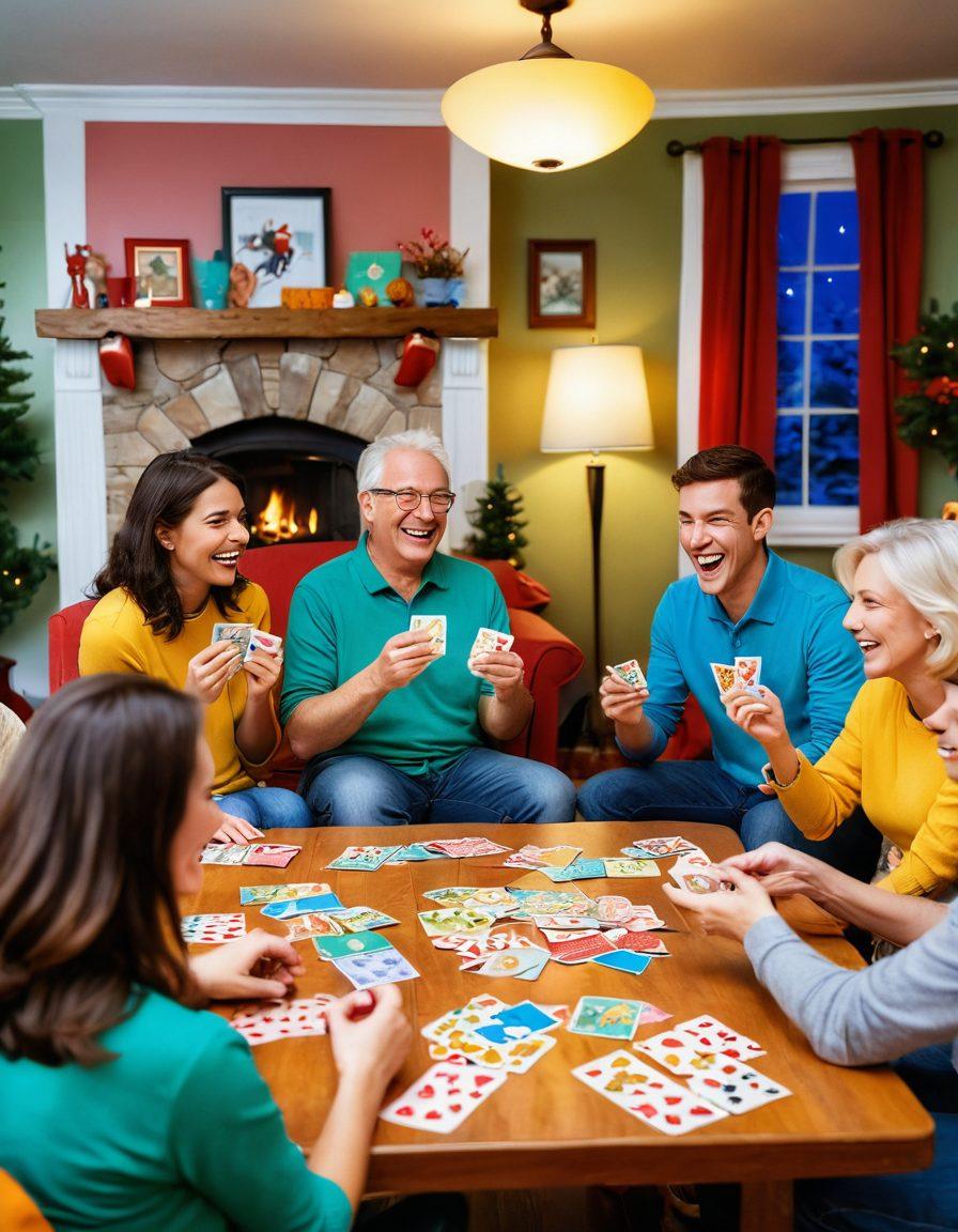 A whimsical scene of adults engaged in a lively card game, bursting with laughter and playful expressions. The backdrop features colorful cards with humorous illustrations scattered around a cozy living room setting, adorned with festive decorations. The characters vary in age and ethnicity, showcasing joy and camaraderie. Soft lighting enhances the warm atmosphere, inviting viewers to join the fun. cartoon style. vibrant colors. cozy ambiance.
