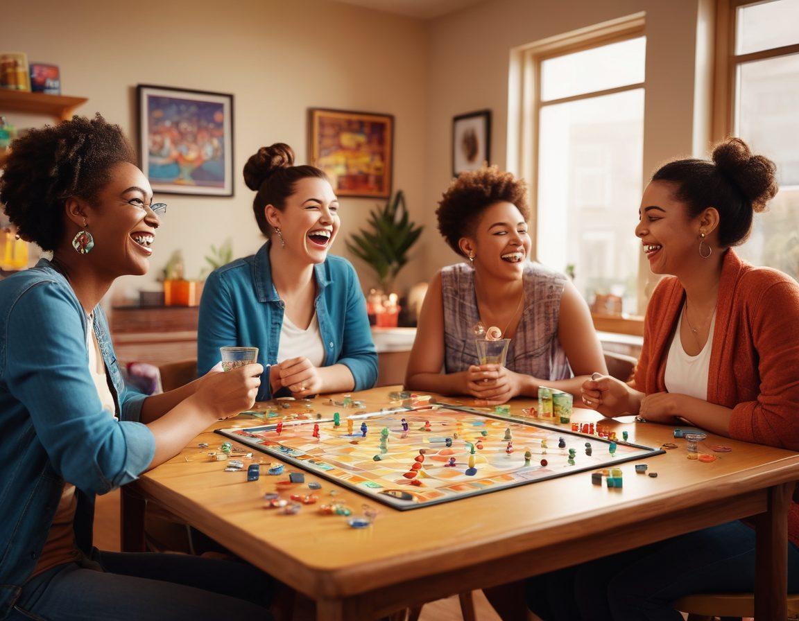 A lively and colorful game night scene, featuring adults of diverse backgrounds laughing and engaging in playful banter over a table filled with board games and snacks. The room is decorated with humorous artwork and quirky lighting, capturing a sense of fun and camaraderie. Include elements like playful dice, vibrant drinks, and a laugh track in the background to convey a lively atmosphere. bright colors. super-realistic. playful cartoon style.