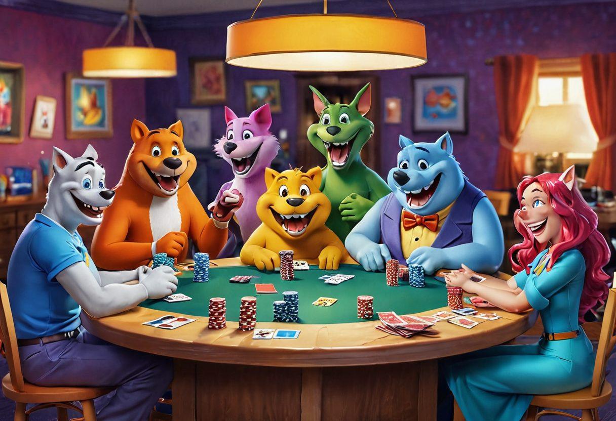 A whimsical scene depicting a colorful tabletop gaming environment, featuring playful characters enjoying a fun card game. Include mischievous jokesters with oversized smiles, winking at the camera, and card sharks with sly expressions, all sitting around a vibrant game table. Incorporate various game pieces and excited expressions, capturing the lighthearted spirit of gaming with a flirtatious twist. Bright colors and a lively atmosphere are essential. cartoon style. vibrant colors. fun background.